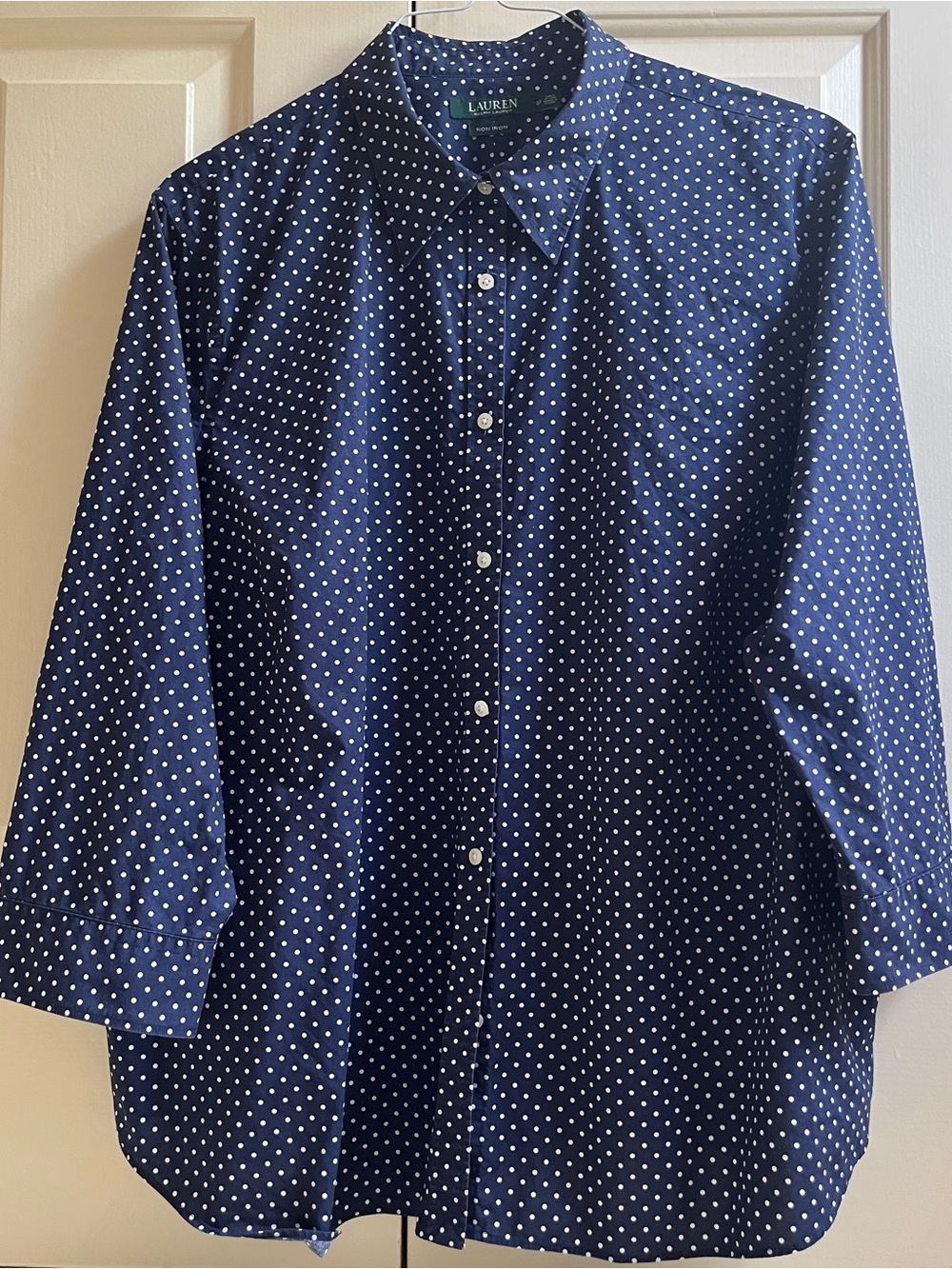 🍒RALPH LAUREN sz 3x Classic BUTTON DOWN SHIRT Navy Blue Polka Dot ~ NO IRON!